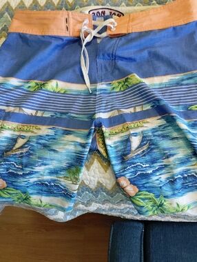 Tropical Sailboat Board Shorts with Orange Waistband,size 34